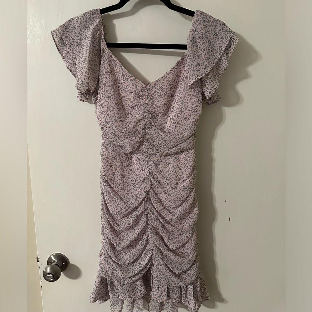 multicolor floral dress with ruched detailing